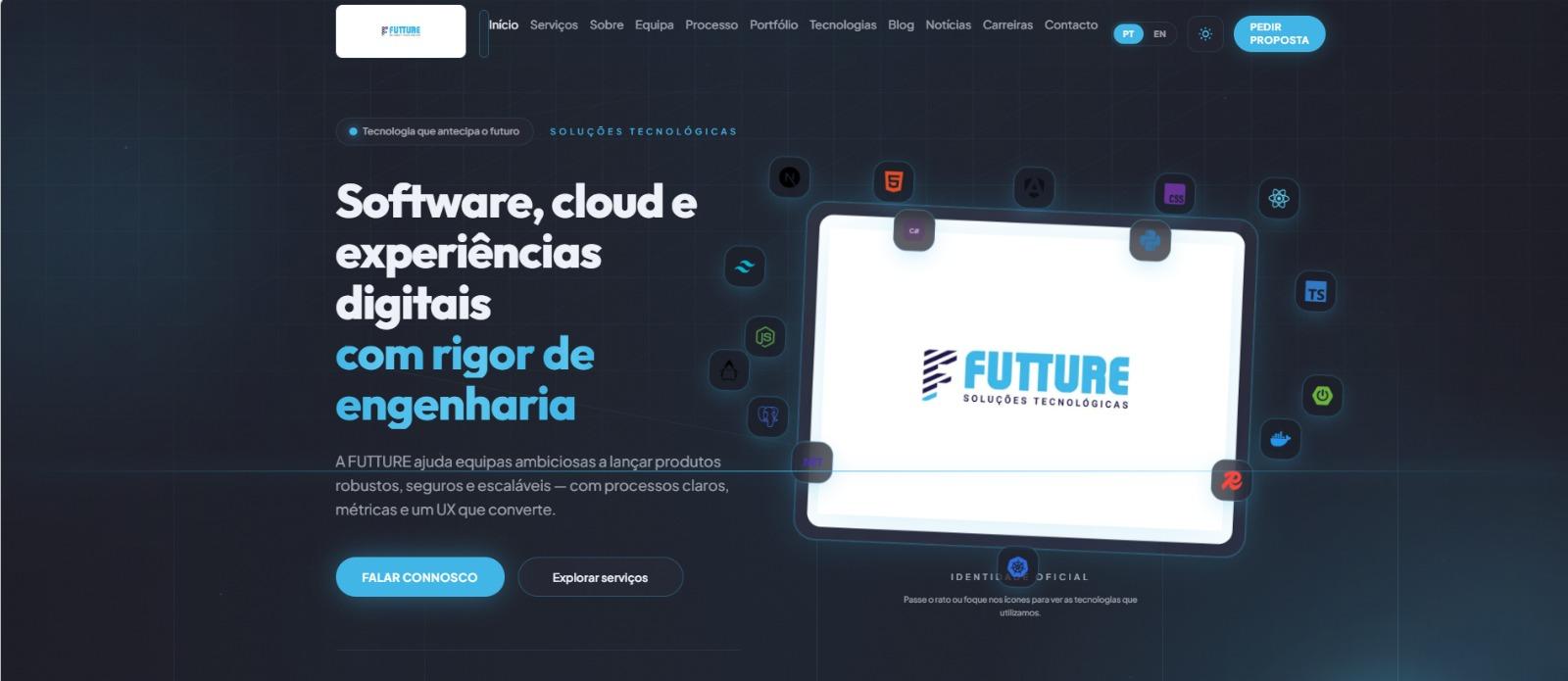 Website moderno da FUTTURE exibindo serviços, soluções tecnológicas e identidade digital da empresa